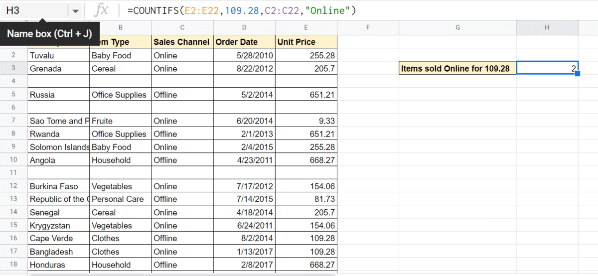 Countifs Google Sheets function