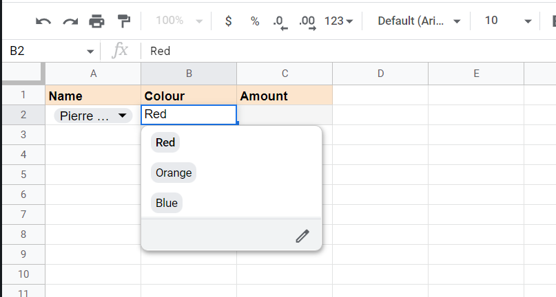 create a drop down menu for the colors using data validation