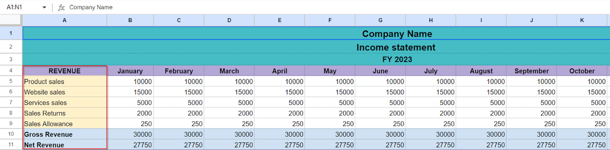 create revenue section for income statement google sheets