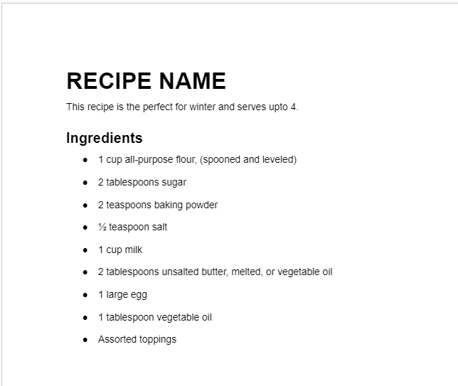 Create the ingredients list with a header.