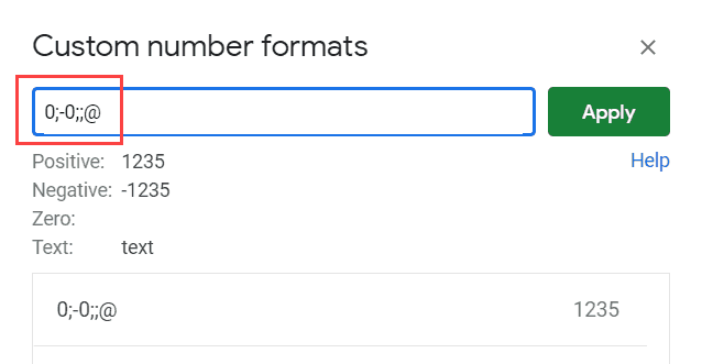 Custom Number format to hide zero value cells in Google Sheets