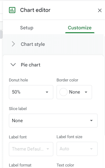 Customize menu for the pie chart