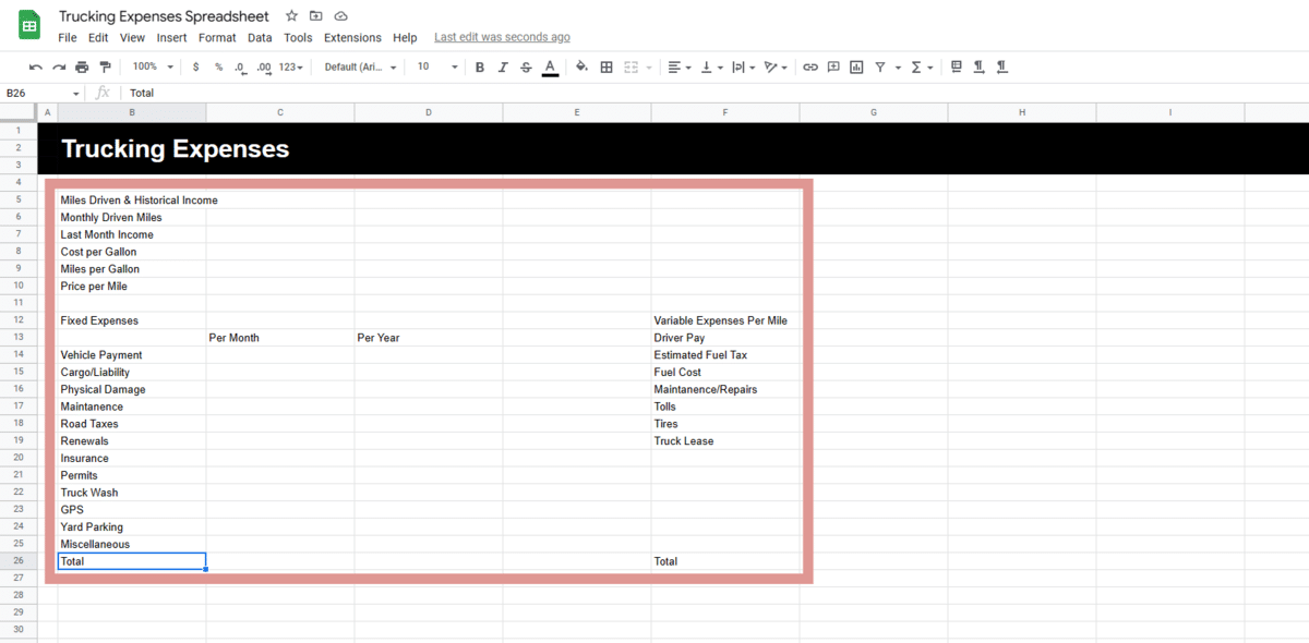 Data for a trucking expenses spreadsheet template