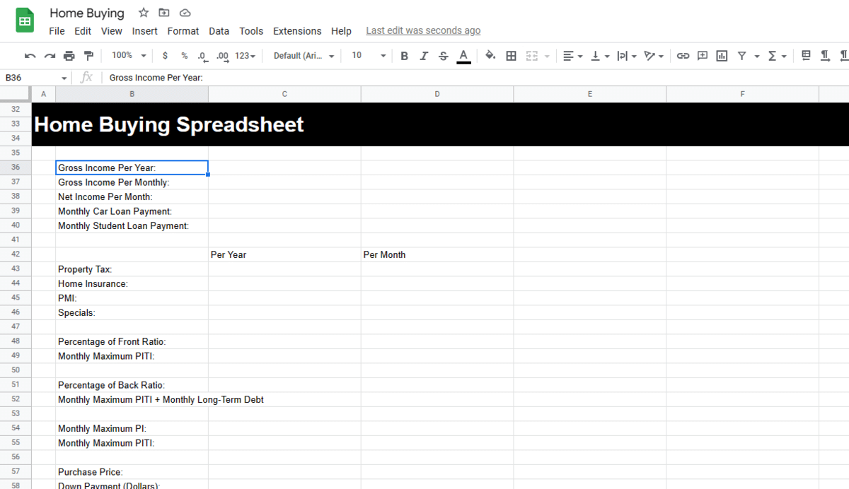 Data to add for a basic cost of buying a house spreadsheet