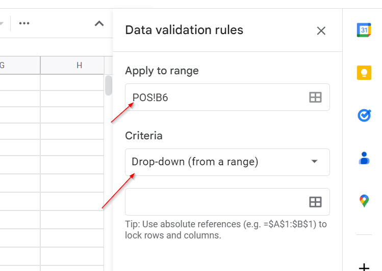 data validation po drop-down google sheets