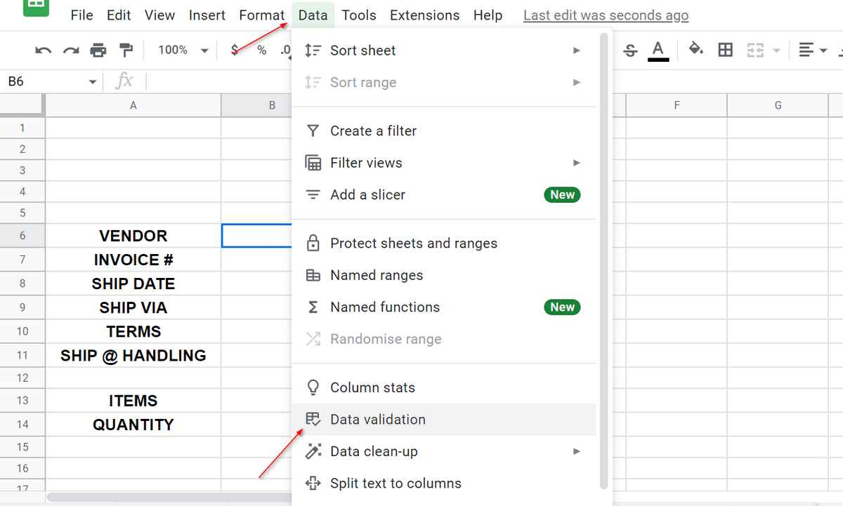 data validation purchase order template sheets