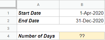 Google Sheets days between dates—Dataset for calculating total number of days between two dates