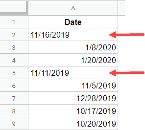 Dates in text format are aligned to the left