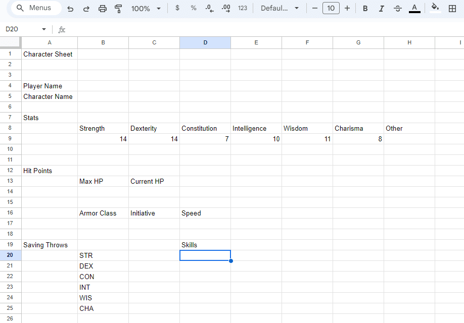 starting a character sheet in google sheets