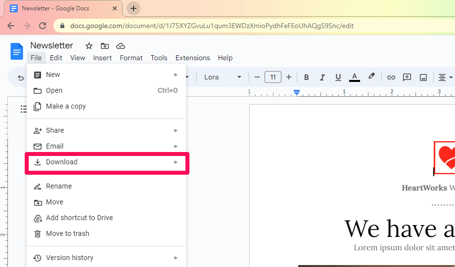 Where to find the download option in Google Docs