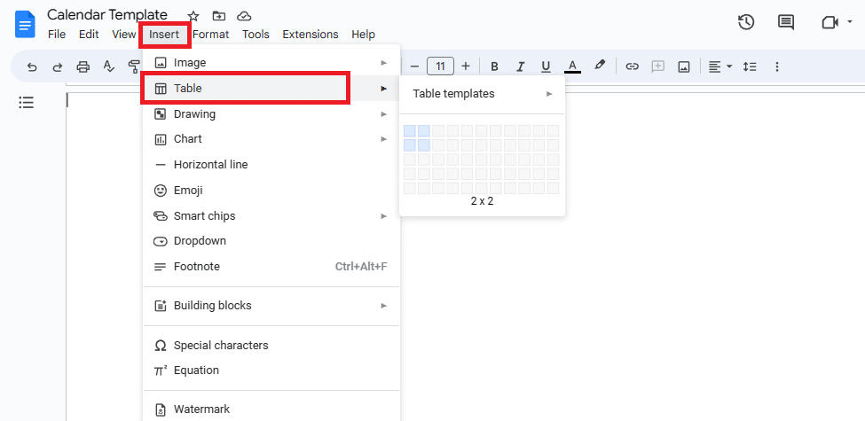 Draw a table for calendar elements