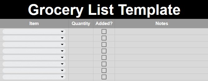 Drop down list grocery list template