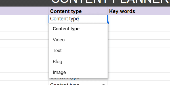 Drop down menu for the content type in the second sheet