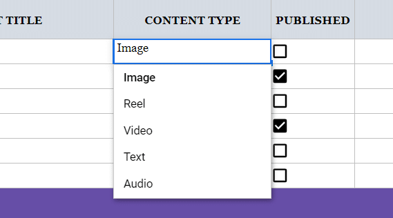 Drop down menu for the content type