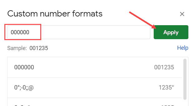 Enter 000000 in the Custom Number Formatting dialog box