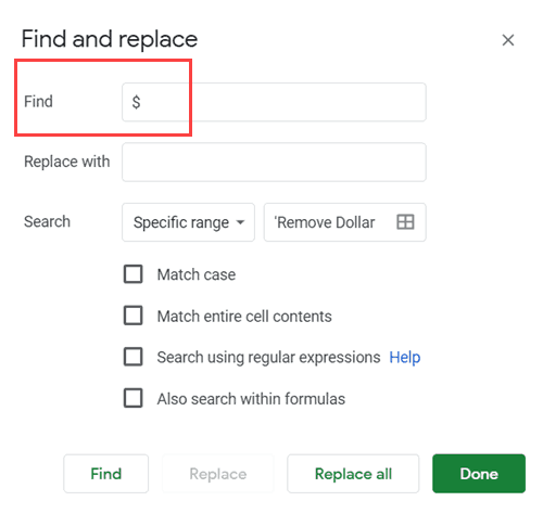 Enter dollar sign in the Find field