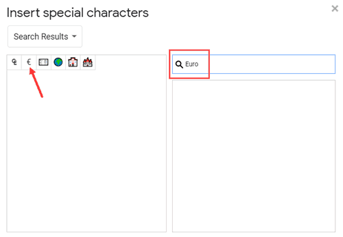 Enter Euro in the box to get the symbol appear in the list in Google Docs