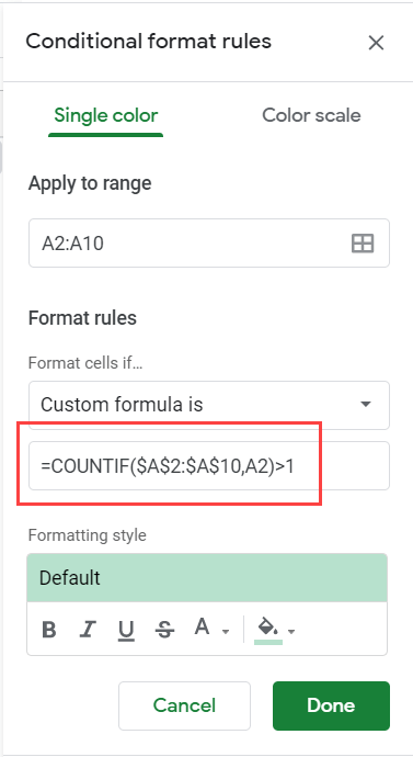 Enter the formula to highlight duplicates