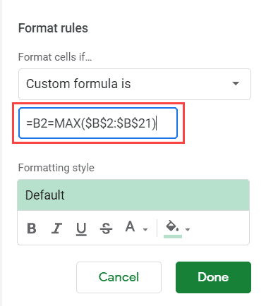 Enter the formula to highlight the highest value