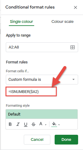 Enter the ISNUMBER formula