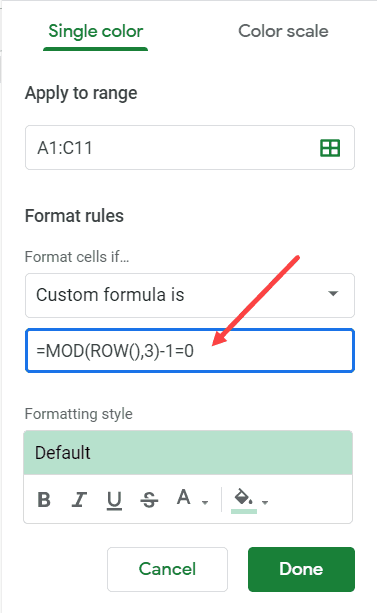 Enter the MOD formula for conditional formatting