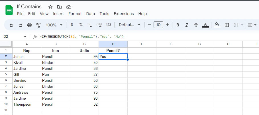 enter the REGEXMATCH formula real example sheets