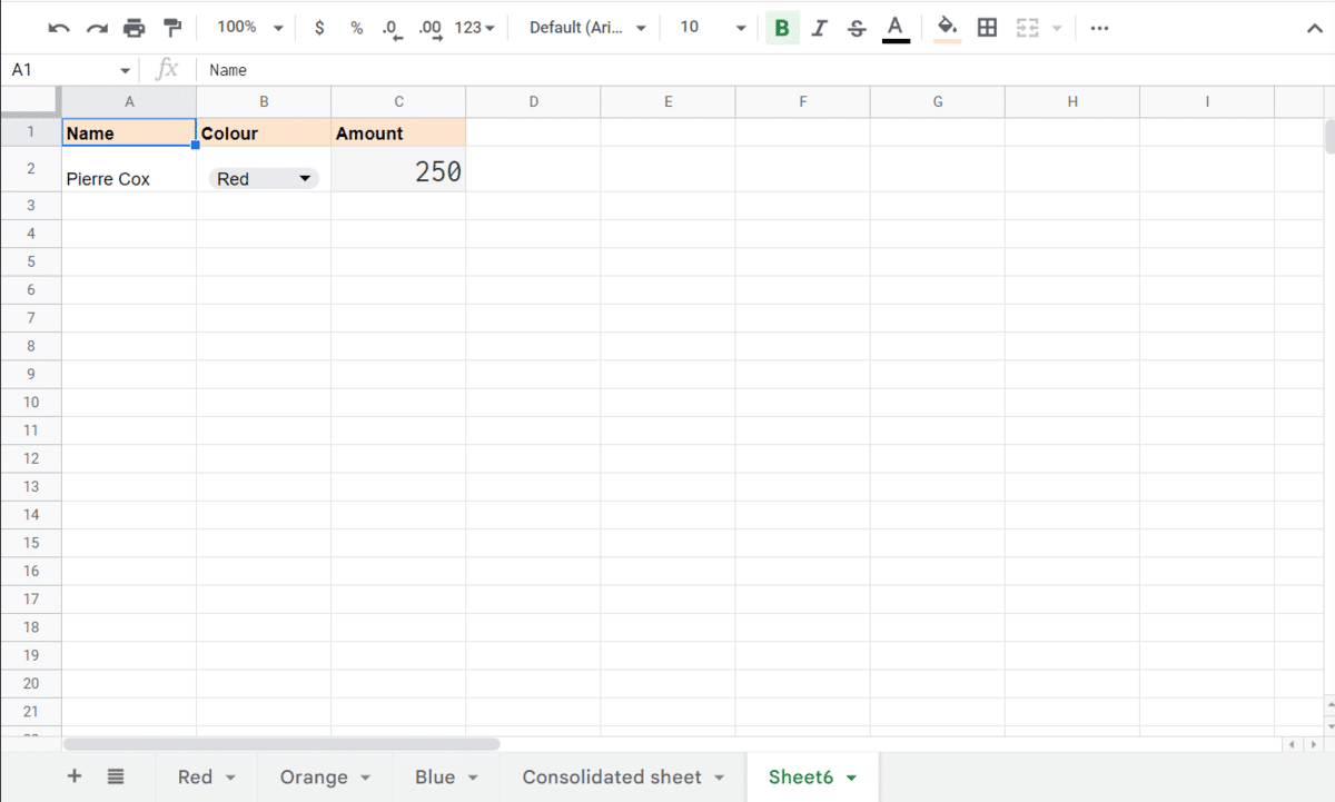 Example sheet with multiple sheets labelled red, orange and blue