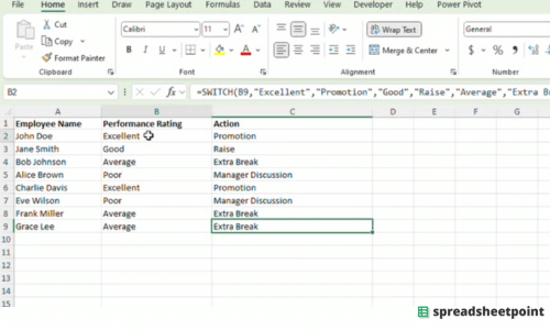 An example showing how to use the SWITCH function in Excel.