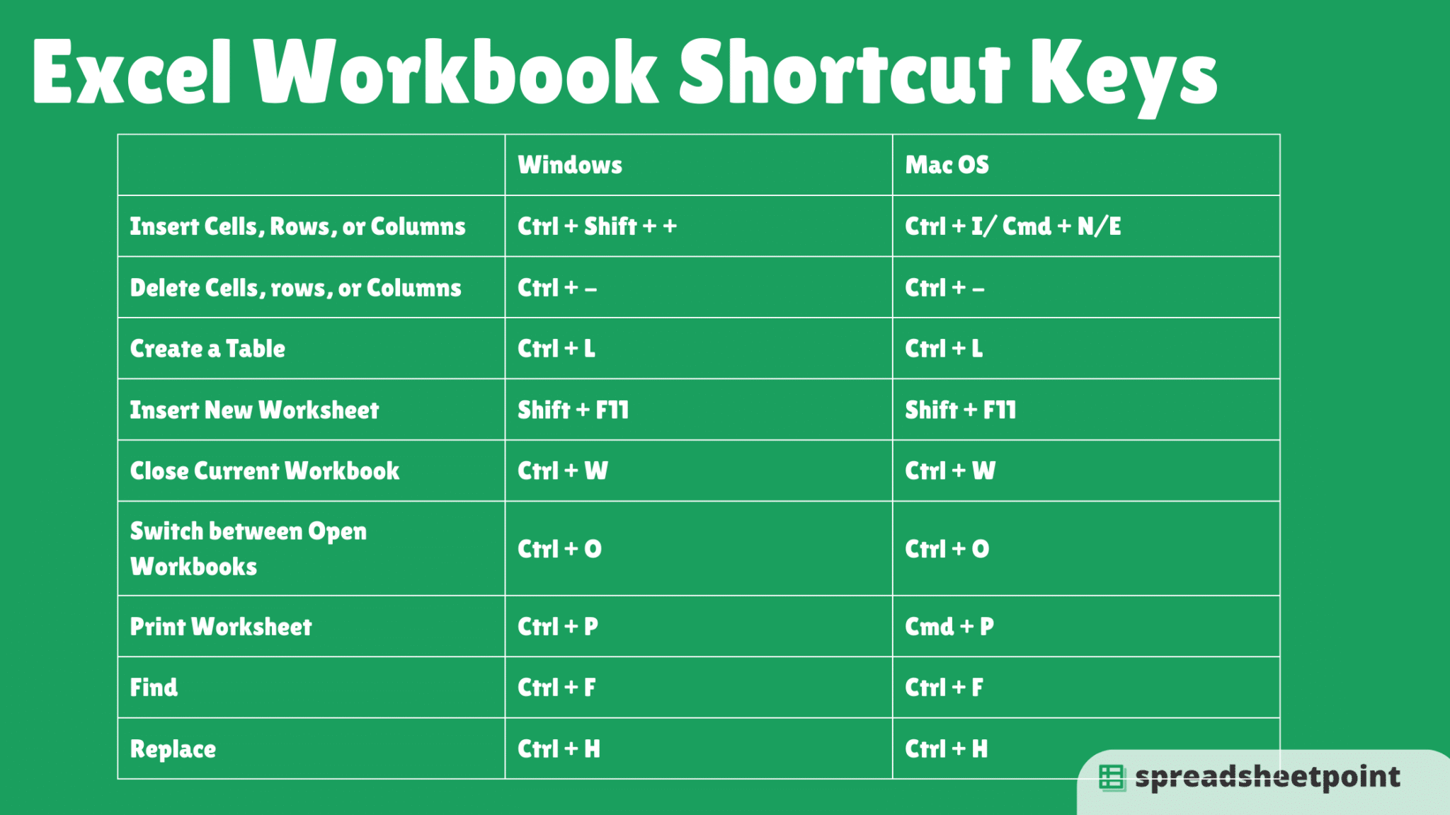 These are the most popular Excel workbook shortcuts.