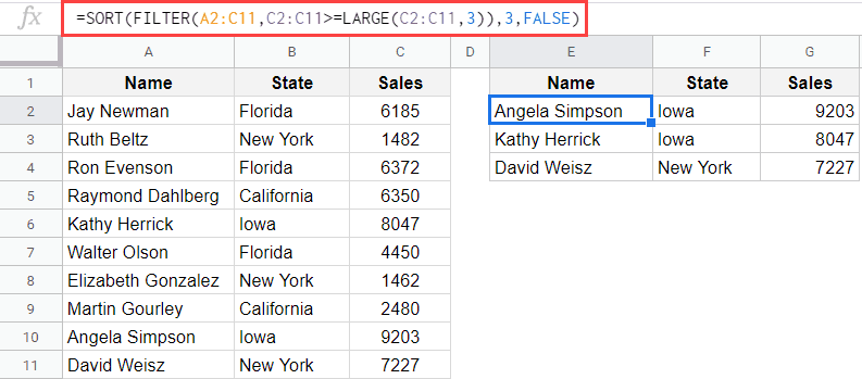 Filter and Then Sort the data in Google Sheets using Formulas