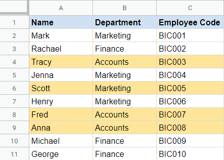 Filter by Color in Google Sheets - Dataset