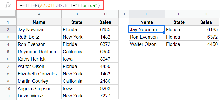 Filter data based on the state uisng the FILTER function