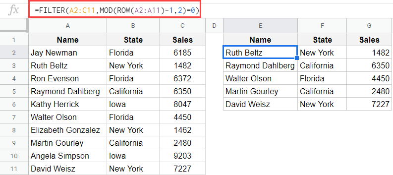 Filter ODD numbered rows or Even numbered rows in Google Sheets