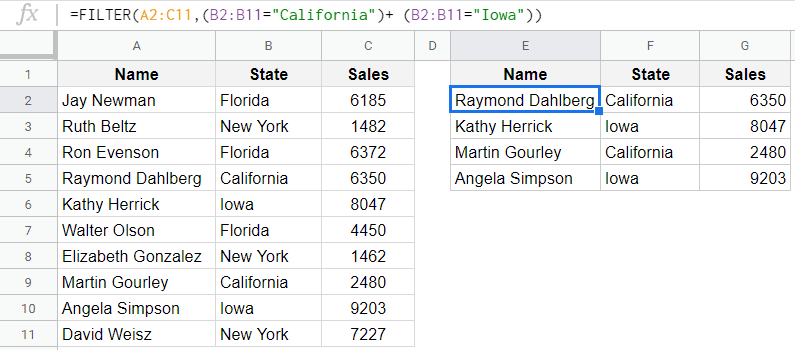 Filter records based on multiple conditions - Filter OR in Google Sheets