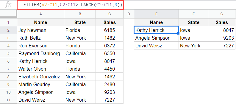 Filter top 3 results in Google Sheets