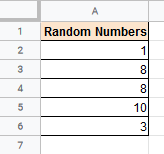 Five random generated numbers in Google Sheets