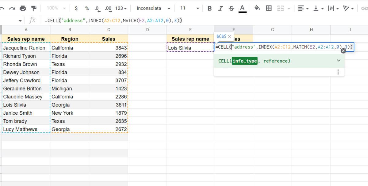 For example in our sheet below we can get the cell address for Lois Silvia.