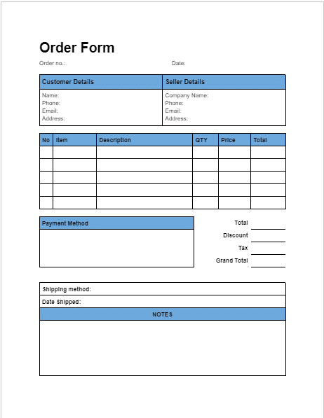 Formatted order form