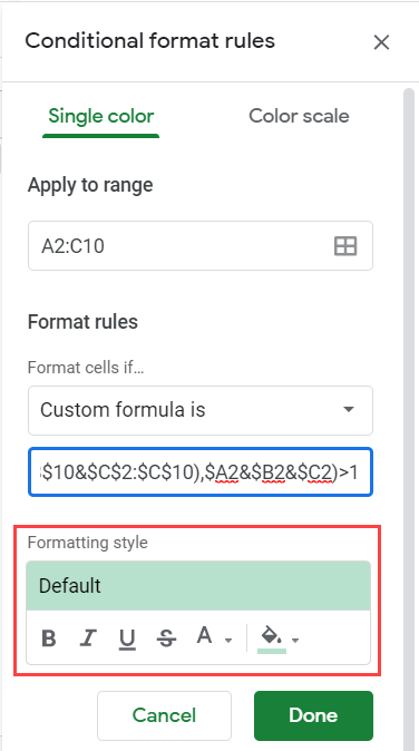 Formatting for duplicate highlight in rows