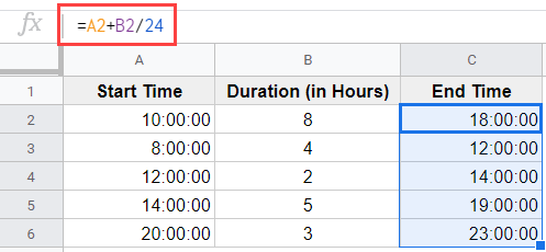 Formula to add hours in Google Sheets