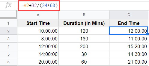 Formula to add minutes in Google Sheets