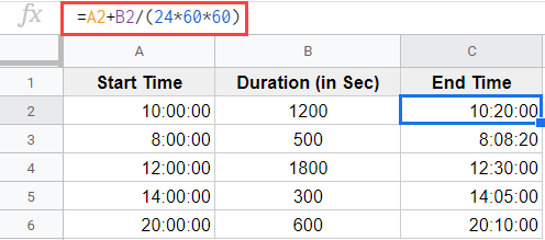 Formula to add seconds in Google Sheets