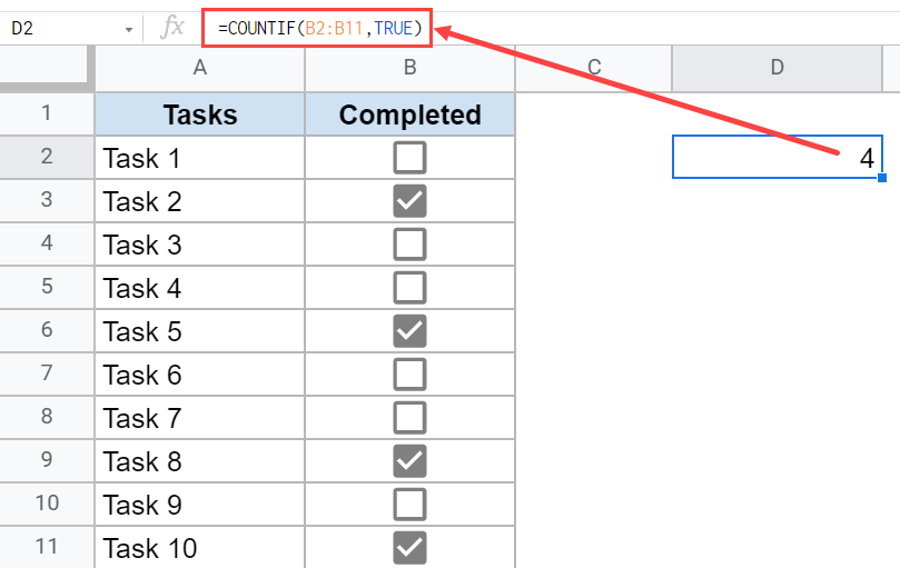 Formula to count checkboxes in Google Sheets