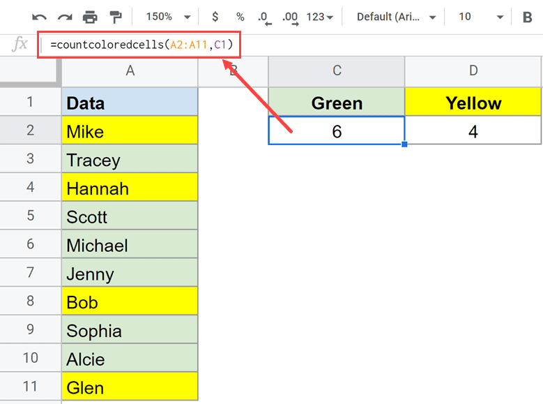 Formula to count colored cells in Google Sheets