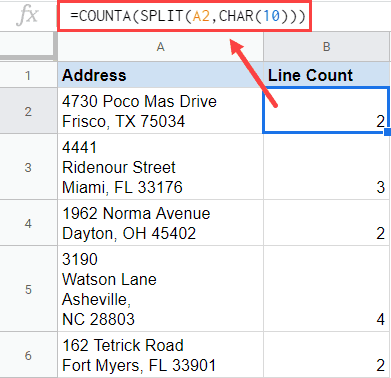 Formula to count line breaks in a cell in Google Sheets