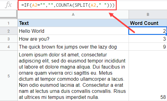 Formula to Count words in Google Sheets