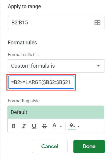 Formula to highlight top 3 values in the dataset in Google Sheets