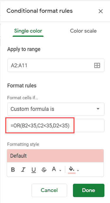 Formula to highloght score less than 35 in any subject