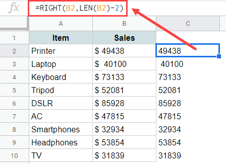 Formula to remove dollar sign