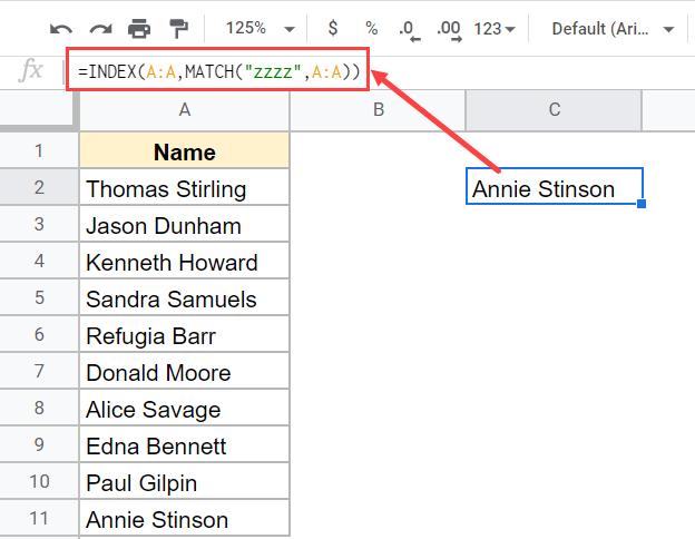 Formula to return the last name in the column